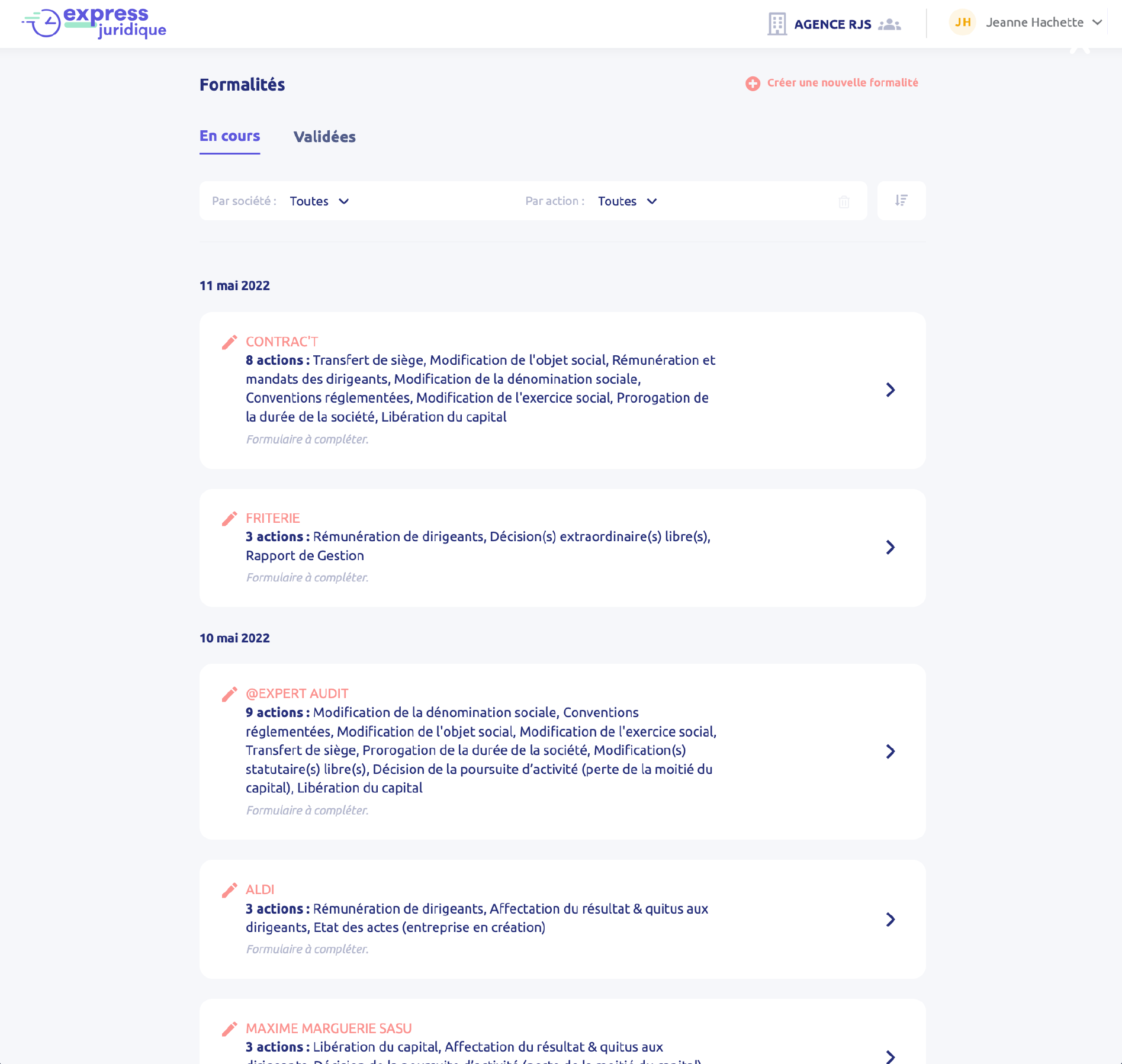 Écran Formalités de la plateforme Express Juridique : liste des formalités en cours par société