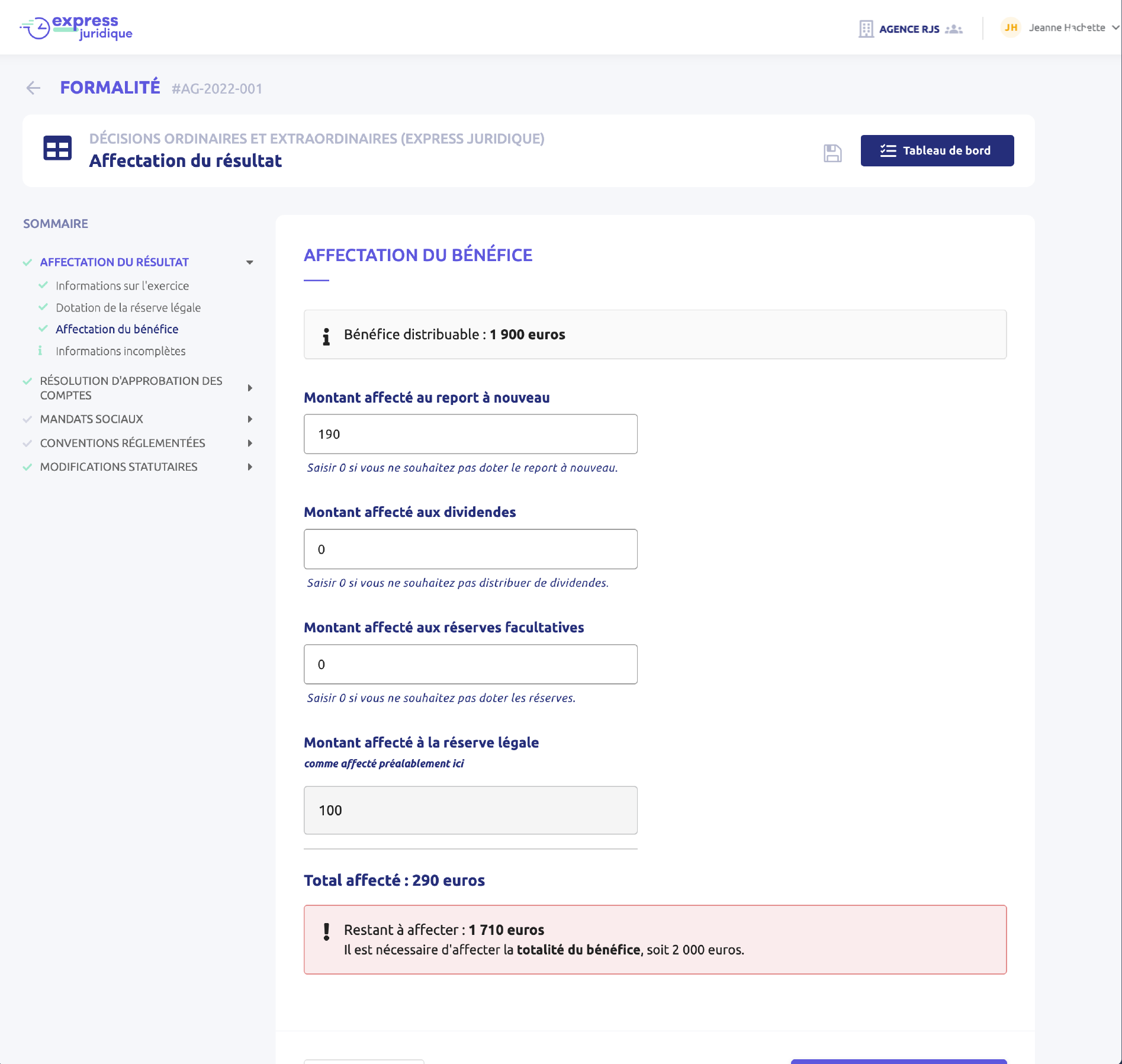 Formulaire d'affectation du résultat : dividendes et réserves