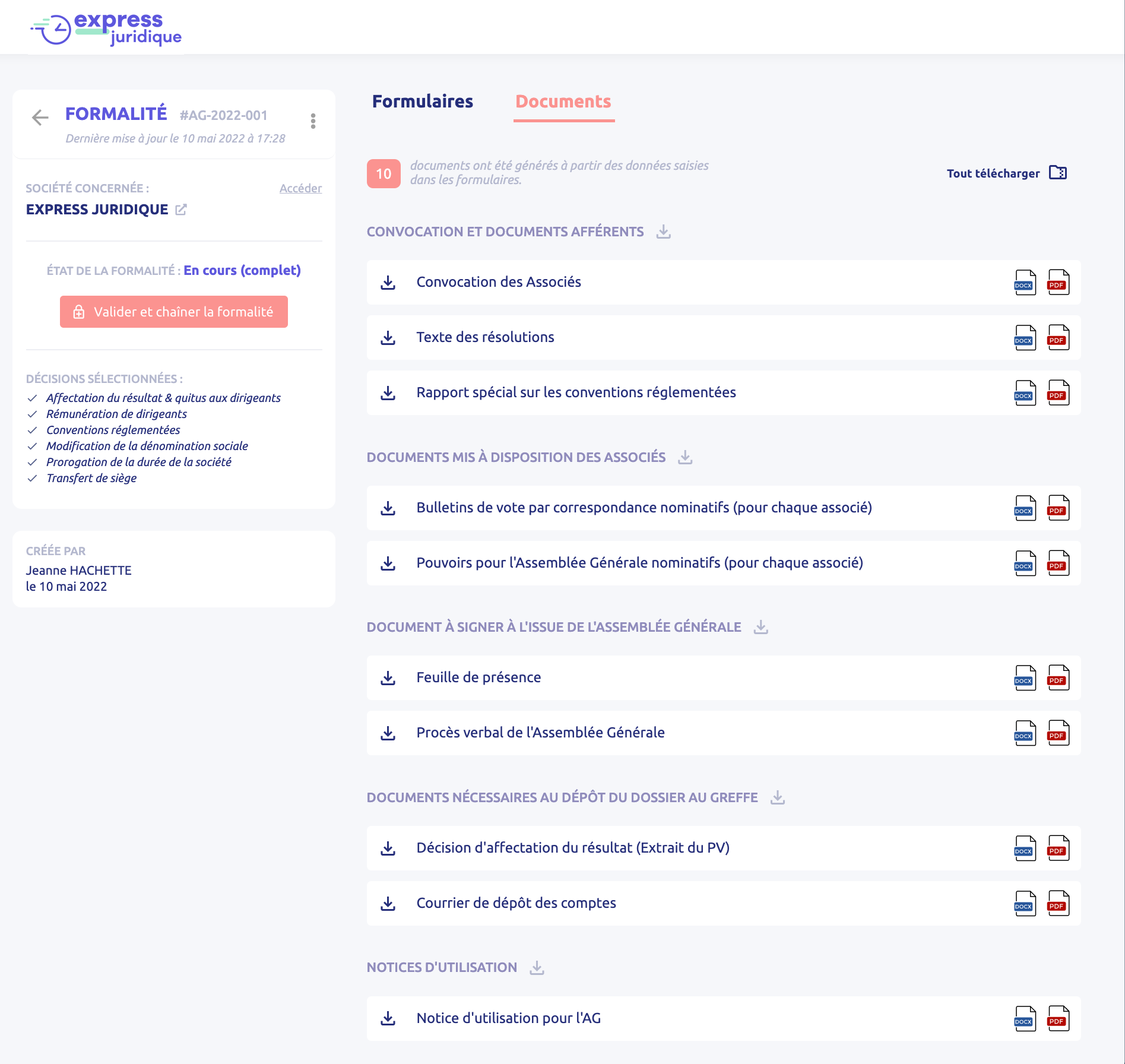 Liste des documents générés prêts à signer et déposer