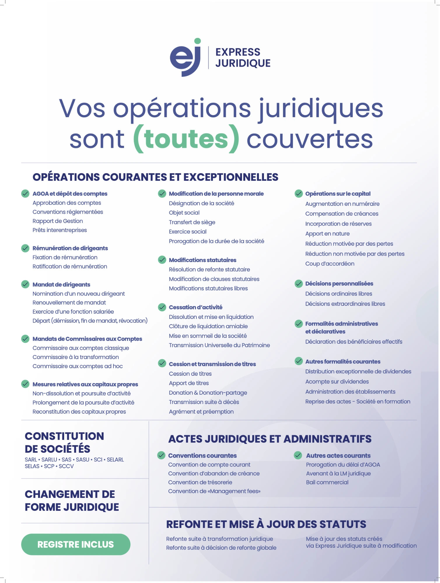 Vos opérations juridiques sont toutes couvertes : liste complète des opérations, actes et formalités pris en charge par Express Juridique